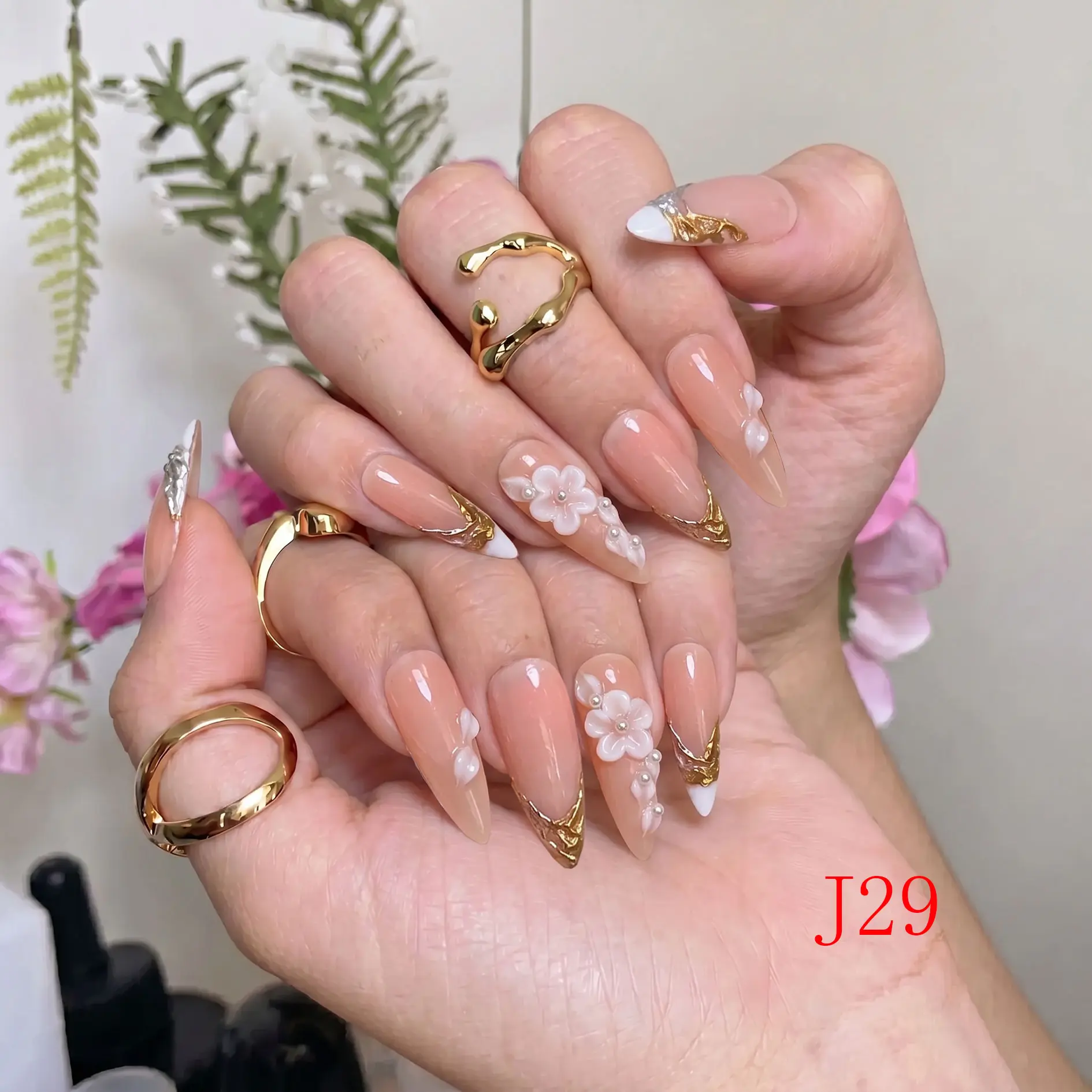 Nailbeebee J29 1.3in Stiletto Shape Pressed Acrylic Nail Set - Reusable, Salon-Quality, Long-Lasting, Glamorous Glossy, Travel Size - For Daily, Casual Wear, Reusable Nails