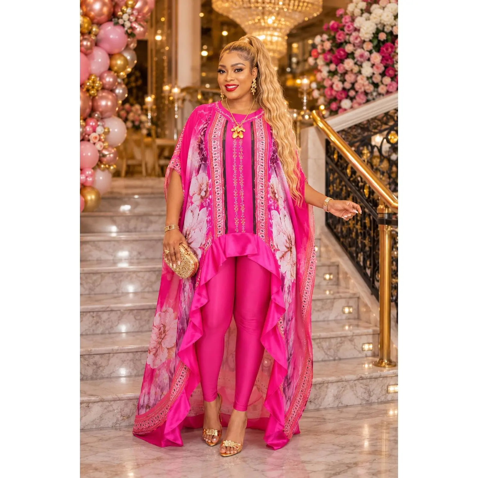 Bring The Drama Pink Rhinestone Ruffle Kaftan & Leggings 2-Piece Party Outfit for Summer Wedding Guest Birthday Party Cocktail Dinner