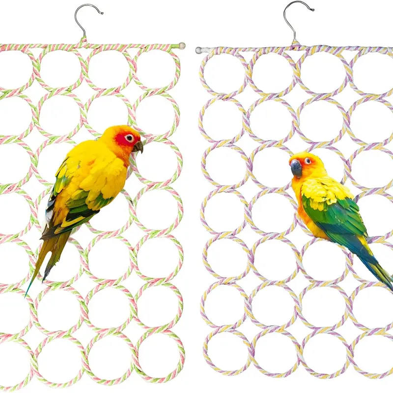 Colorful Rope Bird Climbing Net Toy - 1 Pack Spacious & Sturdy Play Area with Instant Hanging Setup, Natural Raffia, Single-Ring Diameter Metal Wall for Small-Medium Parakeets (Random Color, Climb & Swing Fun)