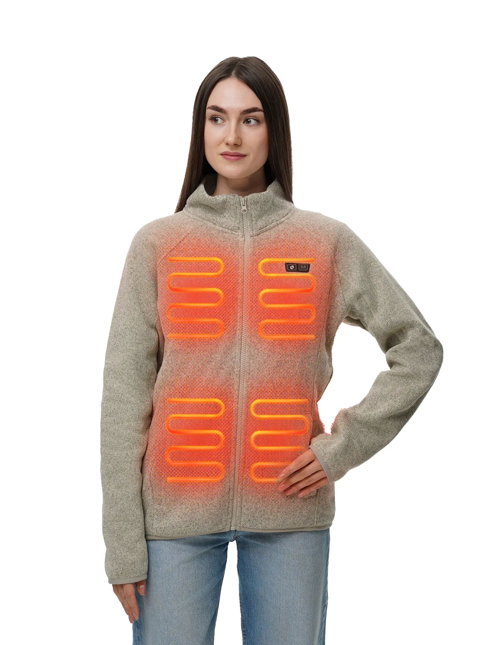 HENNCHEE Women's Zip-Up Heated Fleece Jacket - 16000mAh Battery, Long Sleeve Tops, Breathable Fitted Fabric Sweater, Winter Outdoor Coat