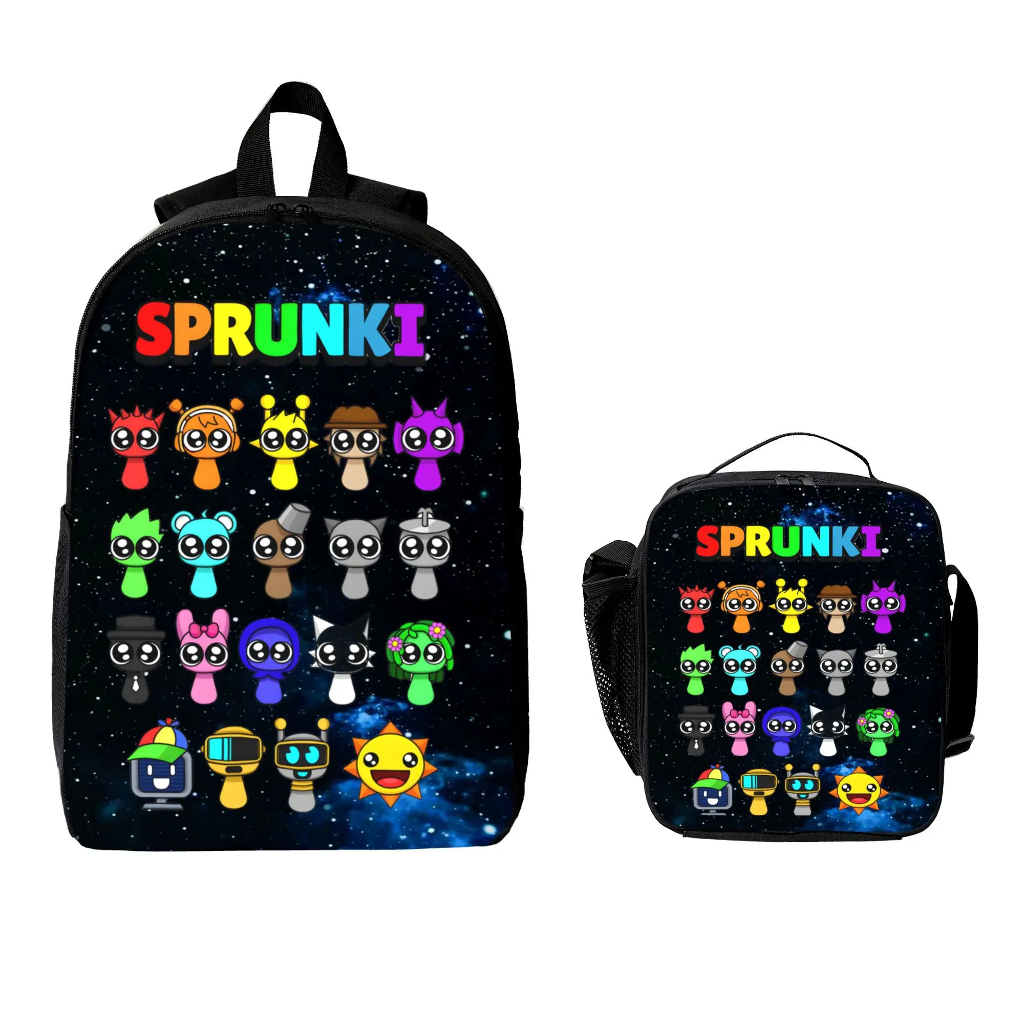 sprunki Cartoon Backpack Set With mesh bag  and cute Lunch Bag Backwoods Multifunctional Outdoor Backpack Large Capacity Lightweight Casual Backpack Lightweight Large-Capacity Polyester Backpack
