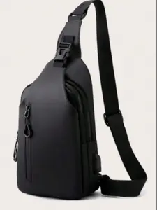 Men's Casual Plain Zipper Chest Bag with USB Charging Port, Lightweight Single Shoulder Bag, Versatile Solid Color Sports Hiking Adjustable Crossbody Bag