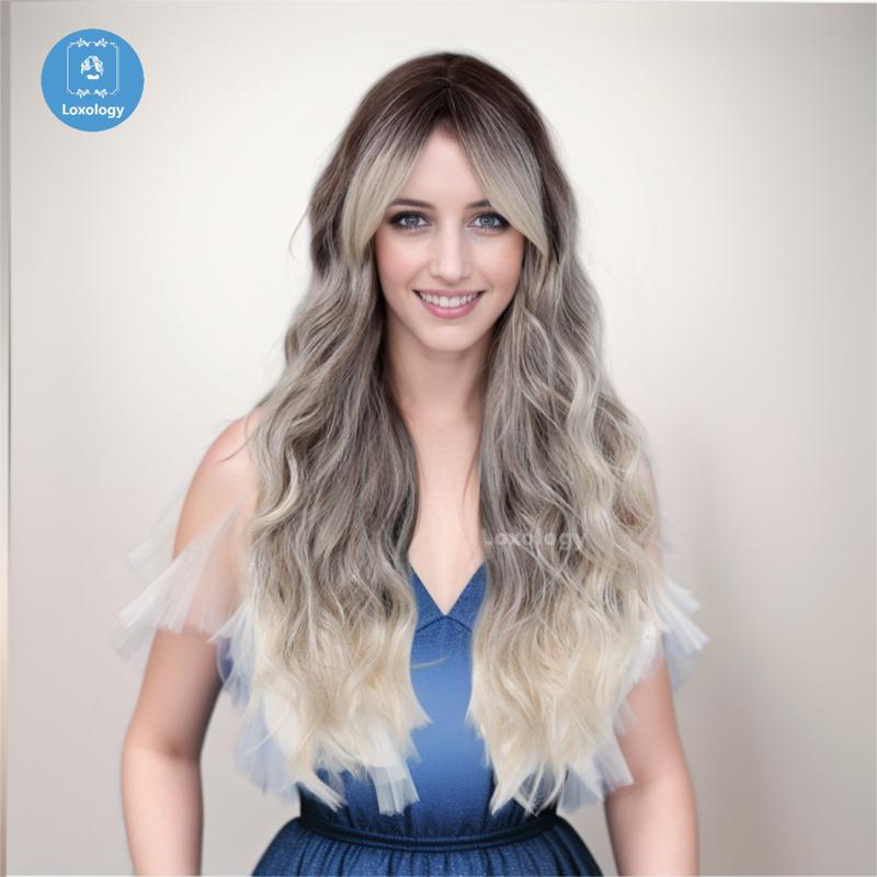 【Althea】Loxology | 28 inch Long Curly Gray Ombre Ivory Wigs with Bang and Gray Roots Synthetic Wigs for Women Daily Use Party or Cosplay Taking Photos