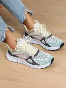 Women's Fashionable Colorblock Patchwork Lace Up Low Top Sneakers, Casual Breathable Comfortable Sports Athletic Shoes, All-match Round Toe Chunky Sneakers for Daily Wear, Women Shoes