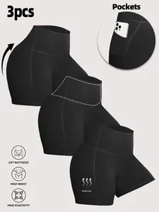 3-Pack Women's High-Waisted Summer Sport Shorts Set, Tight-Fitting Butt-Lifting Fitness Pants, Phone-Pocket Elastic Shorties