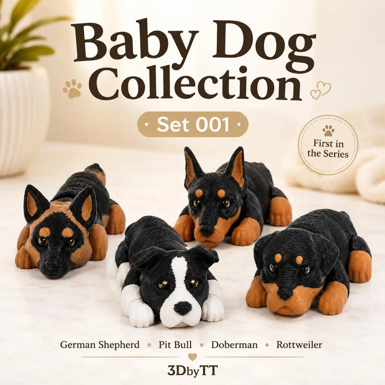 3DbyTT Articulated Puppy Figurines - German Shepherd, Pit Bull, Doberman and Rottweiler