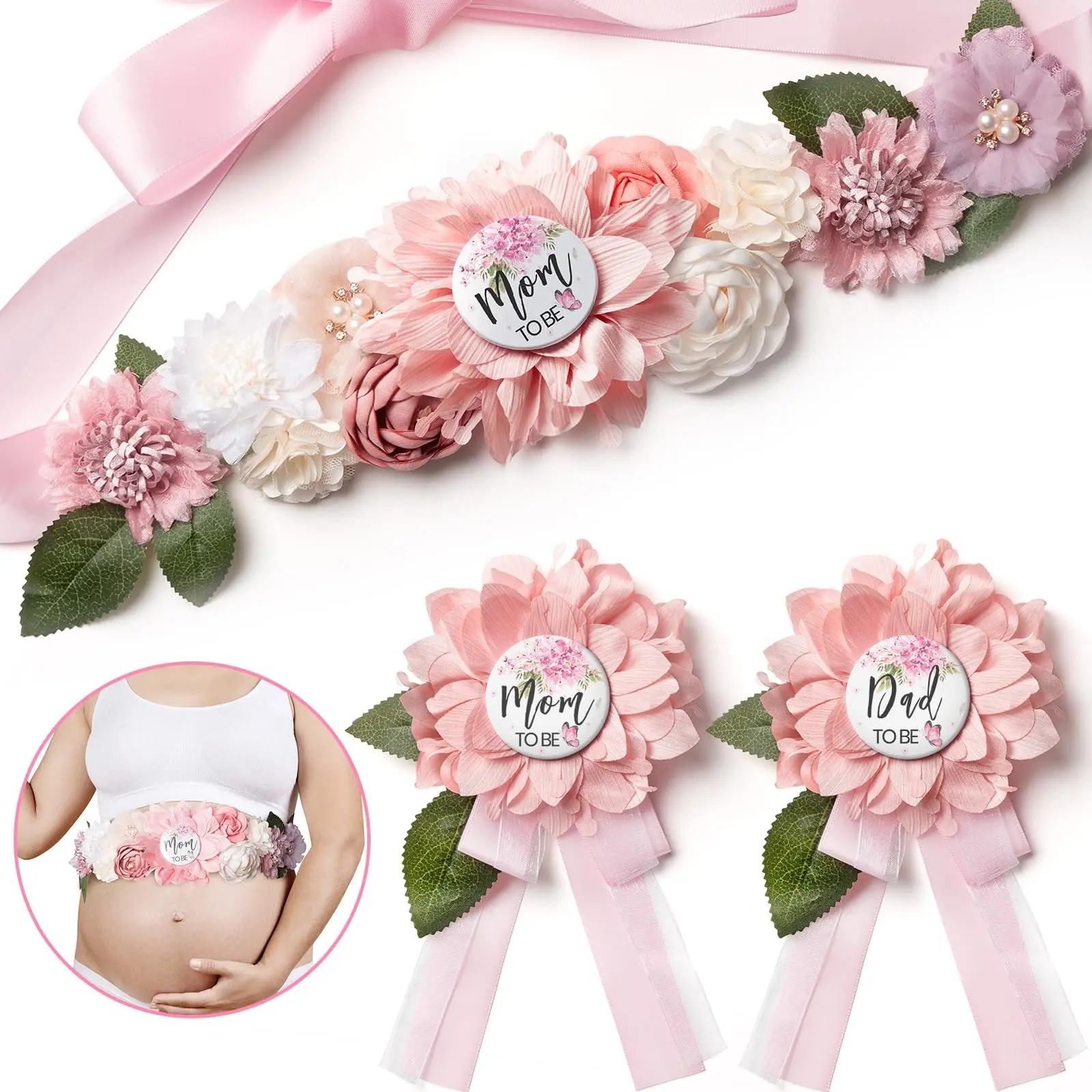 3 Piece Floral Belt Set, Baby Shower Mom to Be Daddy to Be Lapel Pin, Flower Waistband for Pregnant Women, Gender Reveal Decorations, Maternity Photos, Flower Brooch, Decor Pins