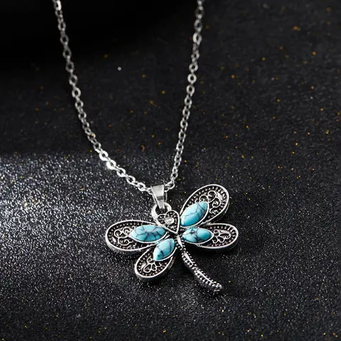 Boho Style Dragonfly Pendant Accessory Necklace with Blue Gemstone, Women's Party Jewelry Gift, Fashionable Accessories for Special Occasions