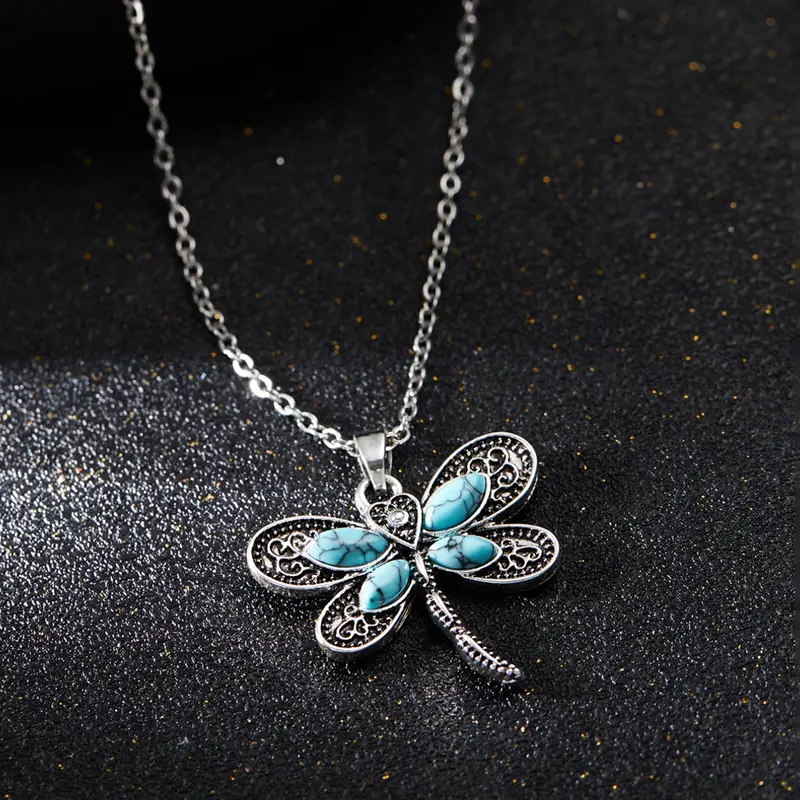 Boho Style Dragonfly Pendant Accessory Necklace with Blue Gemstone, Women's Party Jewelry Gift, Fashionable Accessories for Special Occasions