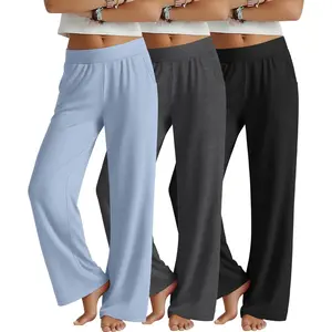 3 Pack Girls' Wide Leg Pants Elastic Waist Baggy Comfy Sweatpants Kids Casual Loose Trousers with Pockets