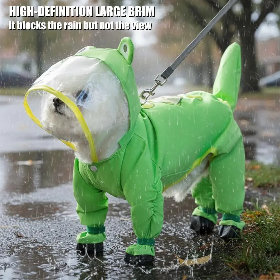 Reflective & Waterproof Dog Raincoat and Bootie Set (Frog Green) — Full-Coverage Dog Jacket with Backpack — Designed for Small to Medium-Sized Dogs Outfits