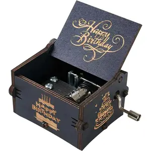 Happy Birthday Music Box - Wooden Hand Crank Engraved Musical Instrument With Melody -  for Mom/Dad/Daughter/Son/Wife/Husband/Friends