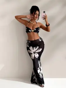 3 Piece Floral Halter Bikini Set Back Tie Bikini Top Drawstring Sheer Mermaid Maxi Skirt Beach Swim Cover Up Outfit