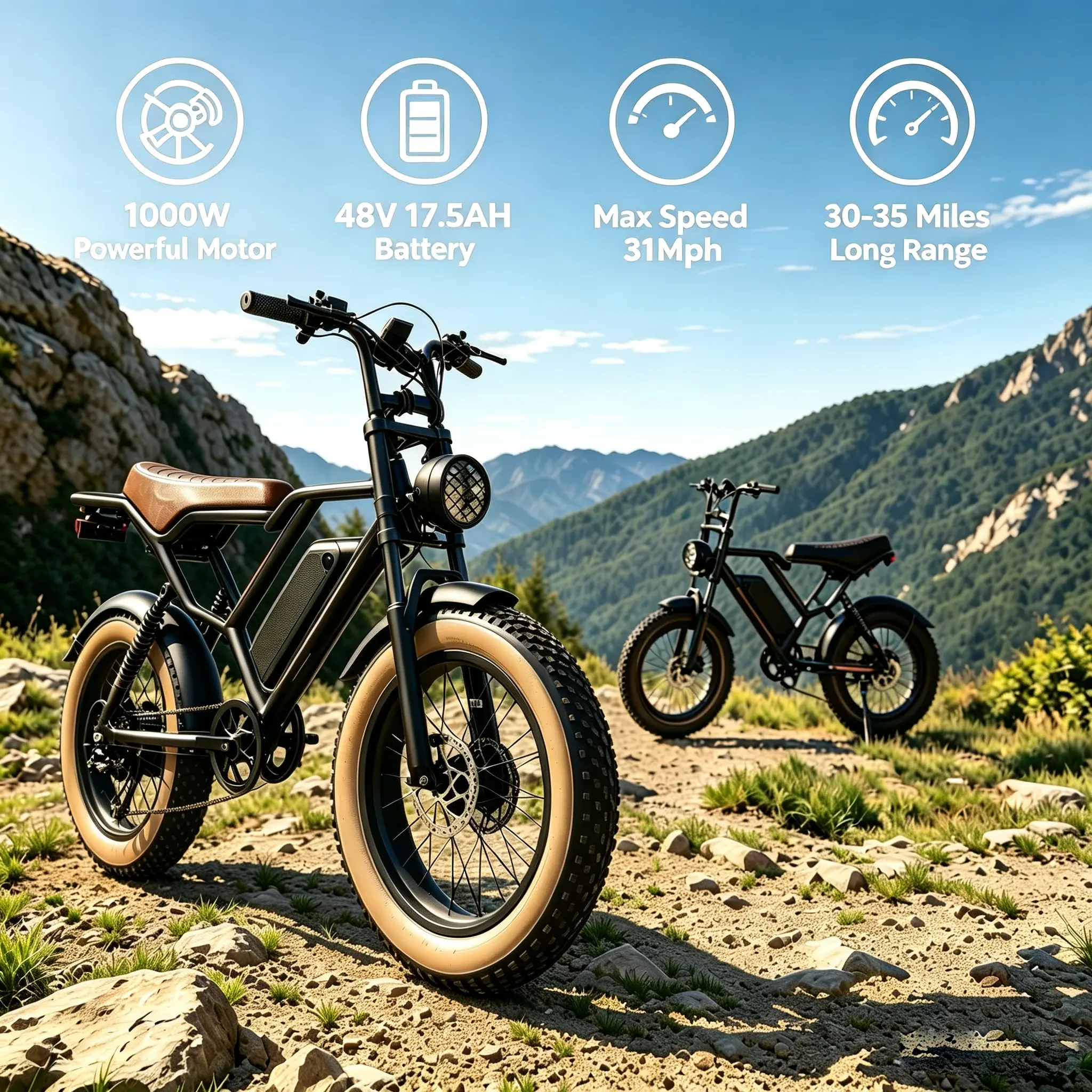 Adult Size 1000W Peak Fat Tire Electric Bike - 20x4.0 All Terrain Full Suspension Off-Road Ebike, 48V 17.5Ah Removable Battery, 31MPH Long Range Mountain Ebike, Headlight, Turn Signal, Dual Disc Brake, 45kg Capacity, 6 Months Warranty for Off-Road Riding,