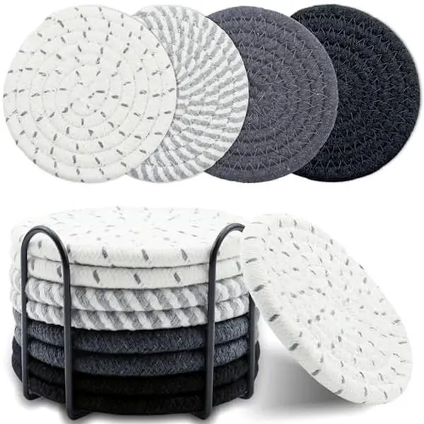 8-Piece 4.3-Inch Cotton Woven Coasters with Metal Holder, Absorbent Round Drink Coasters for Coffee Table, Kitchen, Dining Table & Home Decor