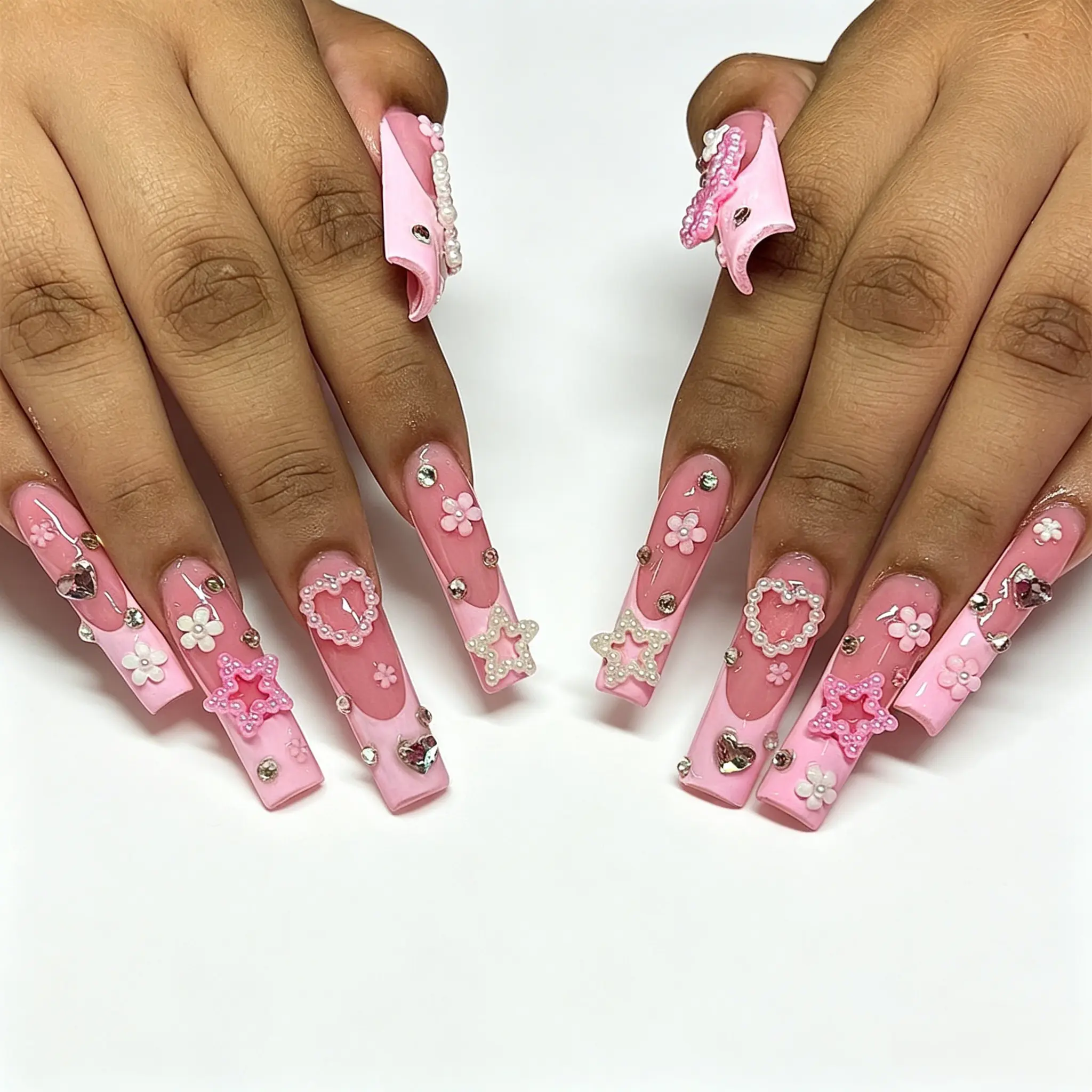 (Pearl Love Star )Long Length Long Water Pipe Fake Nails Square Head Nail Tips False Nail Girl(24 PCS)