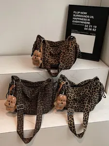 Leopard print tote bag, Fashionable crossbody bag, large capacity women's suede bag for autumn and winter, versatile retro crossbody and shoulder bag, underarm bag, commuter bag, suitable for traveling, a gift for female friends