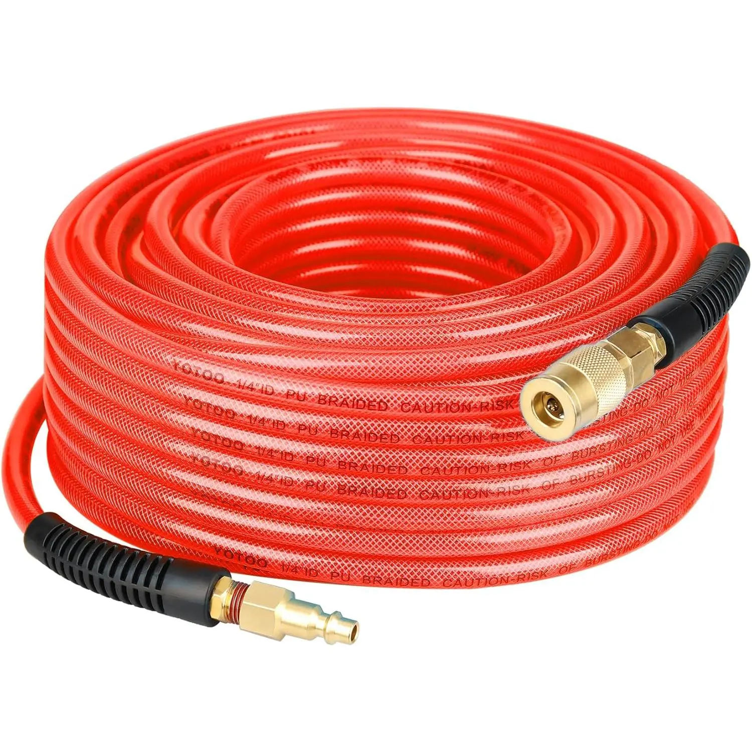 Reinforced Polyurethane Air Hose with Braided Nylon, 1/4" Inner Diameter x 100 ft Long, High Strength, Flexible, Heavy Duty, Abrasion Resistance, 1200 psi Bursting, Bend Restrictors, 1/4” Industrial NPT Quick Coupler & Plug, Red, for Indoor Finishing Work