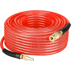 Reinforced Polyurethane Air Hose 1/4" Inner Diameter by 100' Long, Flexible, Heavy Duty Air Compressor Hose with Bend Restrictor, 1/4" Swivel Industrial Quick Coupler and Plug, Red