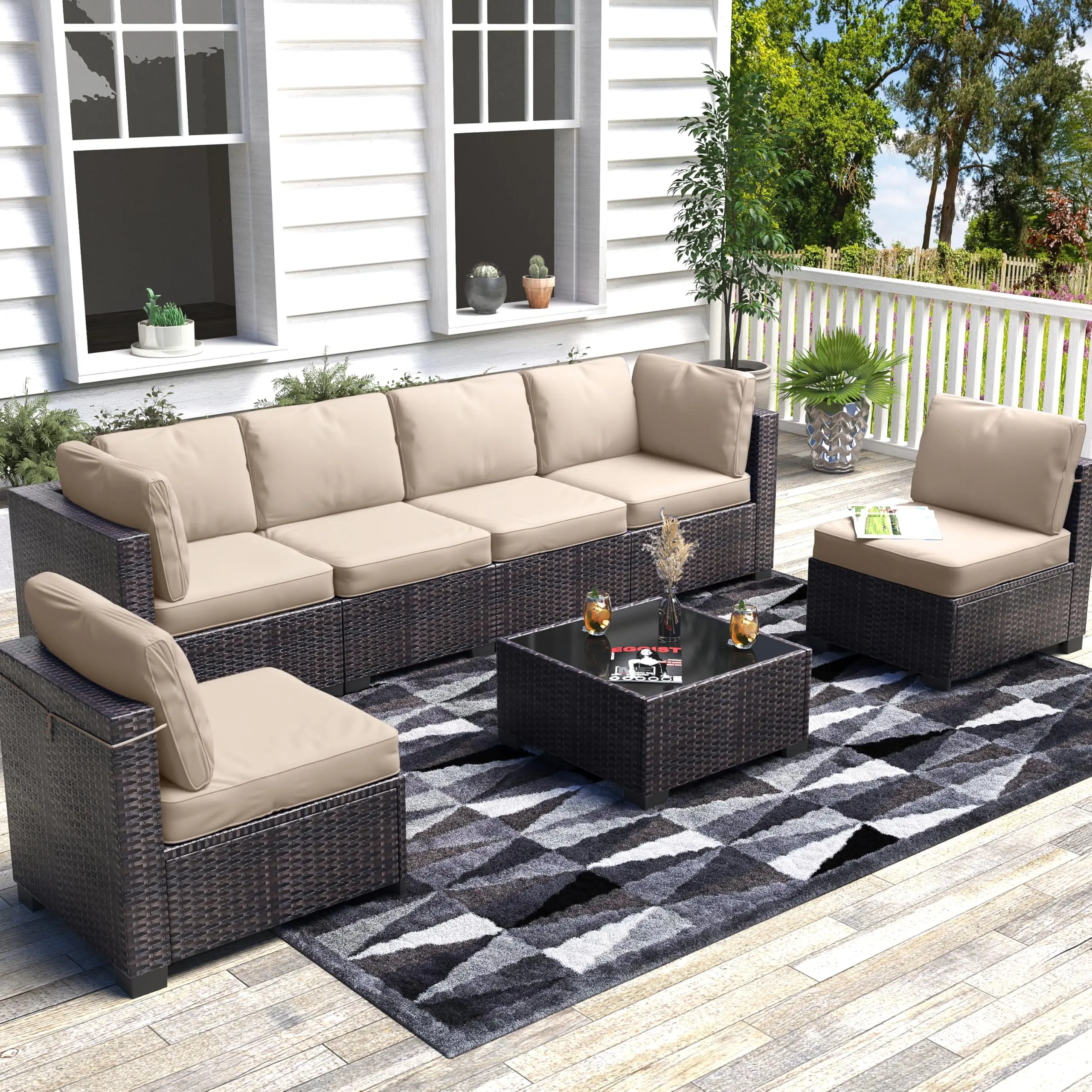 7-Piece Outdoor Patio Furniture Set – All-Weather PE Wicker Sectional Sofa with Cushions & Glass Coffee Table, Modular Conversation Set for Garden, Balcony, Poolside (6-Seater)