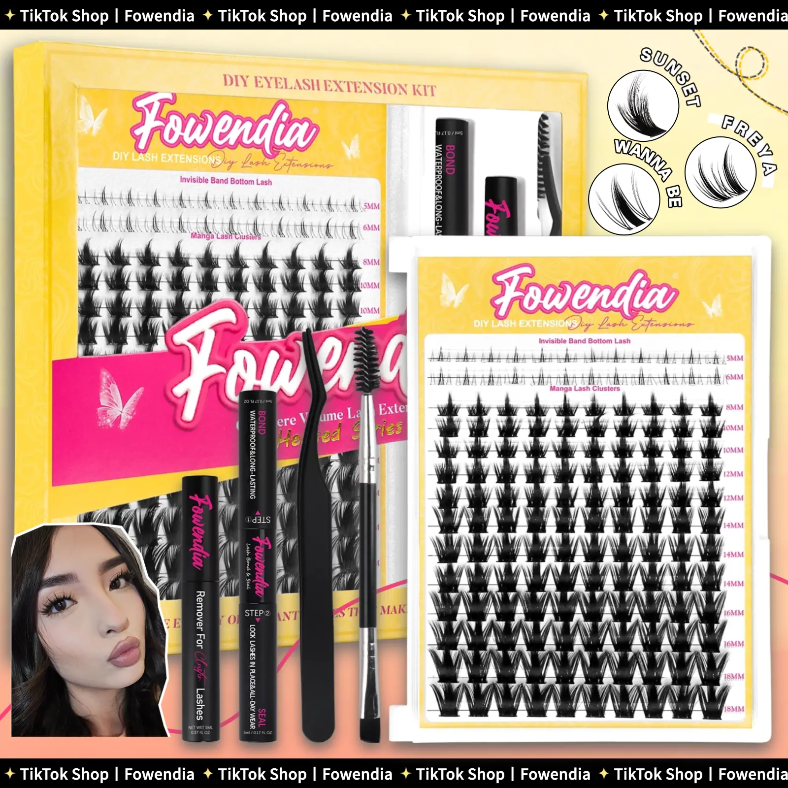 Fowendia California Sunset Wanna Be Freya Manga Lashes Cluster C D Curl DIY Lash Extension Kit and Lash Clusters 8-18mm with Bond Seal and Remover - Ultra-Thin Transparent Bands, Lash Magic Anime False Lash Extension Kit dealsforyoudays