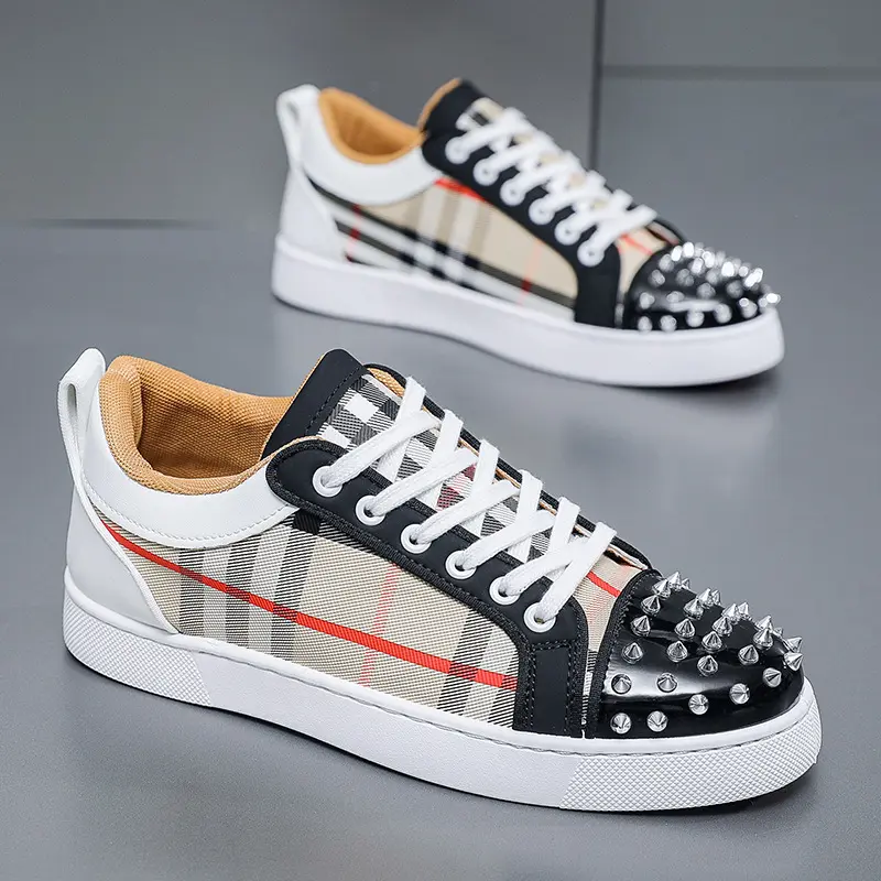 Men's Plaid Studded Low-Top Trainer Sneakers, Bold Casual Lace-Up Closed-Toe Sports Footwear, Casual Trainers, Walking Shoes, Shoe, Sports Shoes