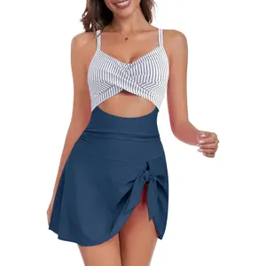 Women One Piece Swimdress Tummy Control Bathing Suit Push Up Swimsuit Modest Swimwear Cutout V Neck Cute Tie Knot Skirt