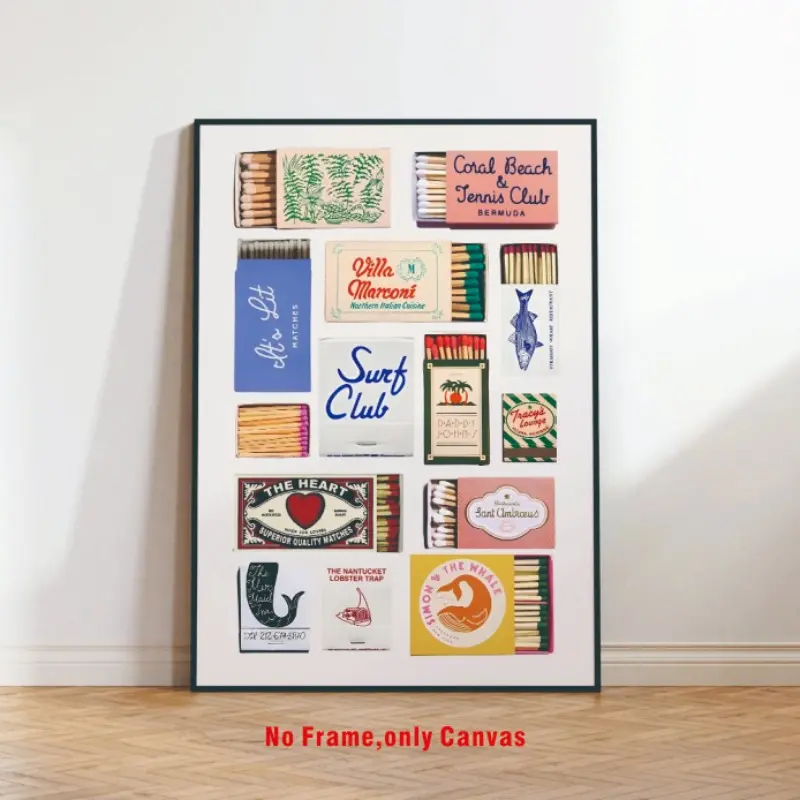 Modern Retro Matchbox Art, Fashionable Combination, Vintage Wall Decor, Fun Aesthetic Painting, Home and Living Room Poster, Canvas Art And Prints For Walls
