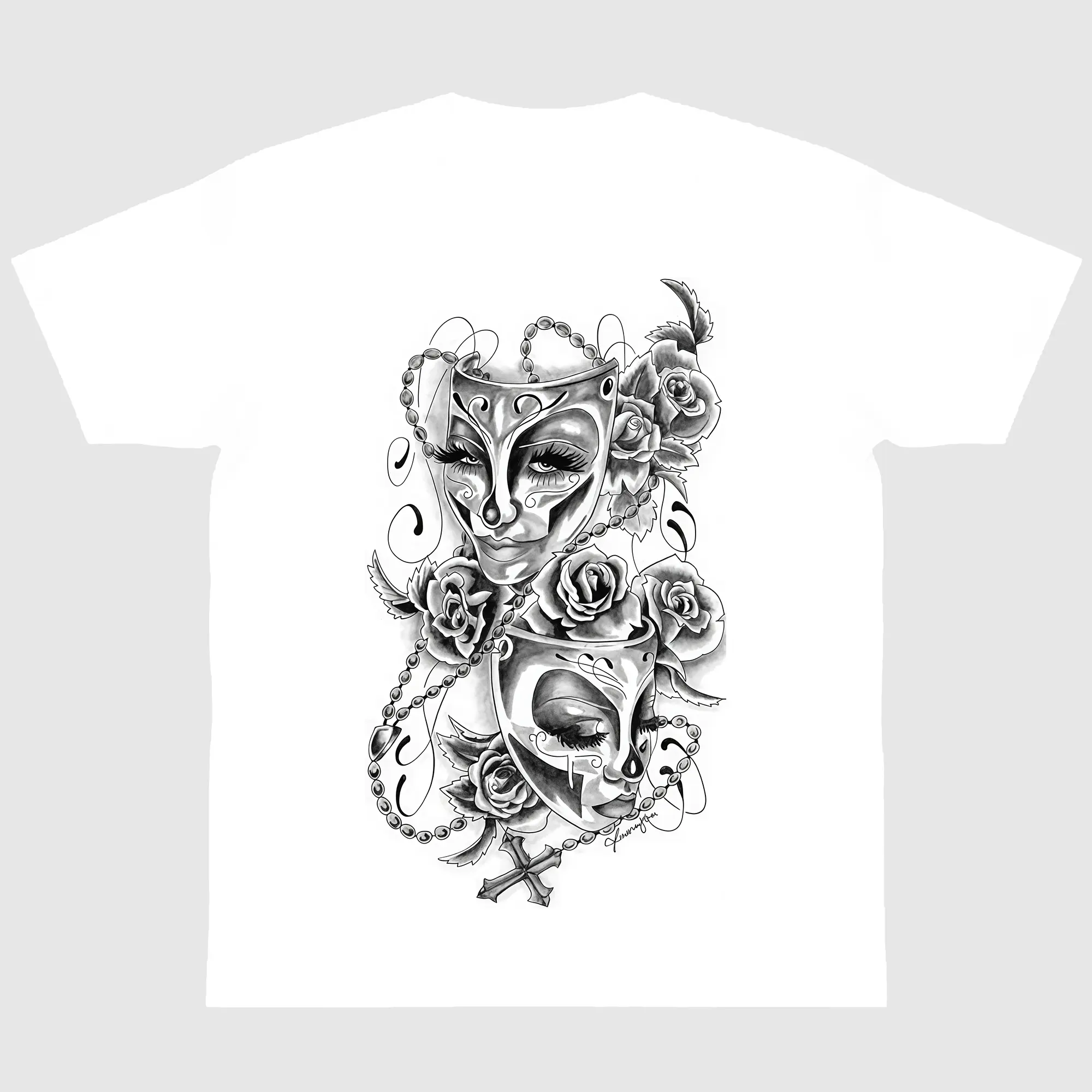 Smile Now Cry Later Chicano Tattoo Design,Men's Short-Sleeve Sports T-Shirt, Drama Masks Rose Rosary Cross Black Grey Print, Sports & Outdoor Apparel
