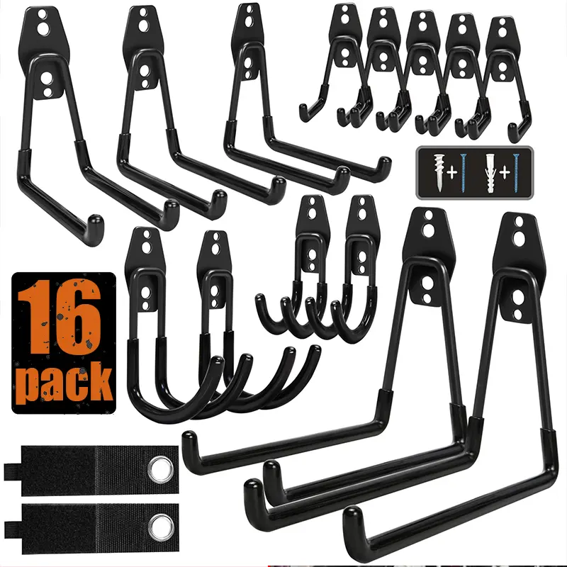 16Pack Premium Garage Hooks, Steel Heavy Duty Garage Storage Hooks With Anti-Slip Coating, Utility Garage Wall Mount Hooks For Hanging Bike, Ladder And Garden Tools, Safe And Does Not Damage Tools, Christmas Decor Hooks