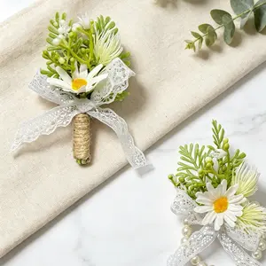 2-Piece White Green Daisy Artificial Boutonniere + Wrist Corsage Set, Elegant Wedding Prom Party Floral Accessories for Groom Bride Bridesmaid