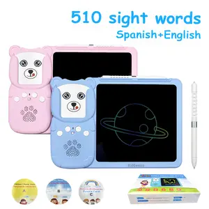 KIDGENIUS 3-in-1 LCD Writing Tablet with Quick Eraser Button & 510 Vocabulary Flash Cards for English & Spanish Learning - Ideal Home Tutor Gift Animal Toddler Charging Durable Portable Rechargeable Screen