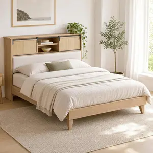 Full Queen Size Solid Wood Bed Frame with Storage Shelves, Rattan Upholstered Bookcase Headboard with Sliding Doors & Adjustable Shelf, No Bos Spring Needed, Warm Natural Wood Tone, Warm Natural Wood Tone