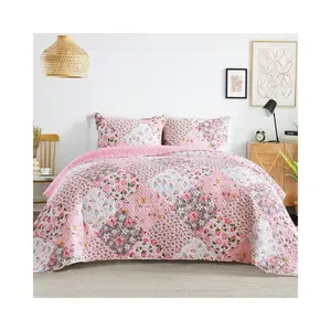 Reversible Patchwork Quilts Twin Size, Lightweight Boho Printed Bedspreads Coverlets Quilt Bedding Set with 1 Pillow Sham for All Seasons, Pink