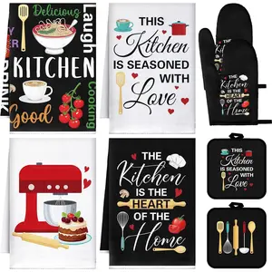 8 Pcs Cuisine Kitchen Decor Accessories Set Farmhouse Towels Oven Mitts Pot Holders Dishcloths Set Kitchen Decorative Absorbent Gloves Potholders for Chef Baking Cooking