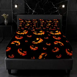 3PCS Spooky Halloween Fitted Sheet Set, No Pillow Insert, Horror Pumpkin Print Deep Pocket Bedding, Elastic Bed Cover, Perfect Gift for Teens & Dark Aesthetic Fans