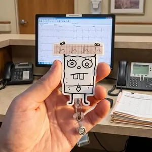 Retractable Badge Reel 2D Acrylic Cute Meme Sponge Holding ECG Strip ID Badge Holder Funny Name Tag Swivel Alligator Clip for Nursing Student