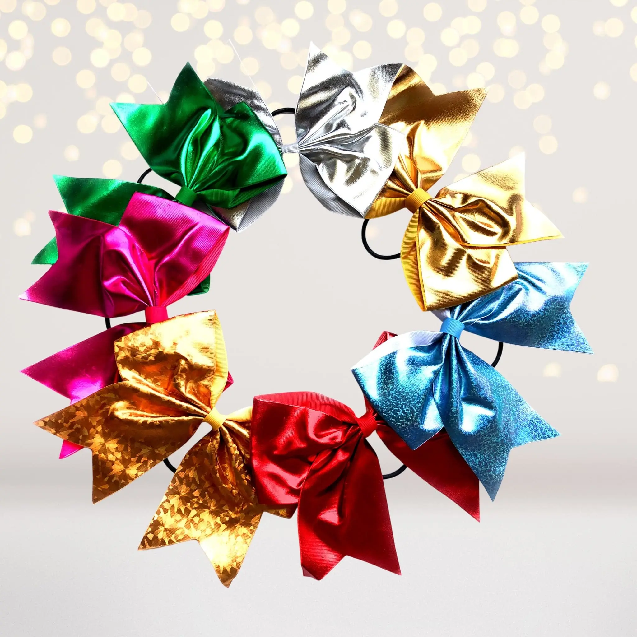 Girls Cheer Bow with Brilliant Metallic Shine, 7-Inch Wide Holographic Ponytail Holder for Competition, Prom & Birthday Gifts, 7 Inches Wide, Beach, Casual, Cheerleaders And Dancers, Female, Sparkly, 7" Width