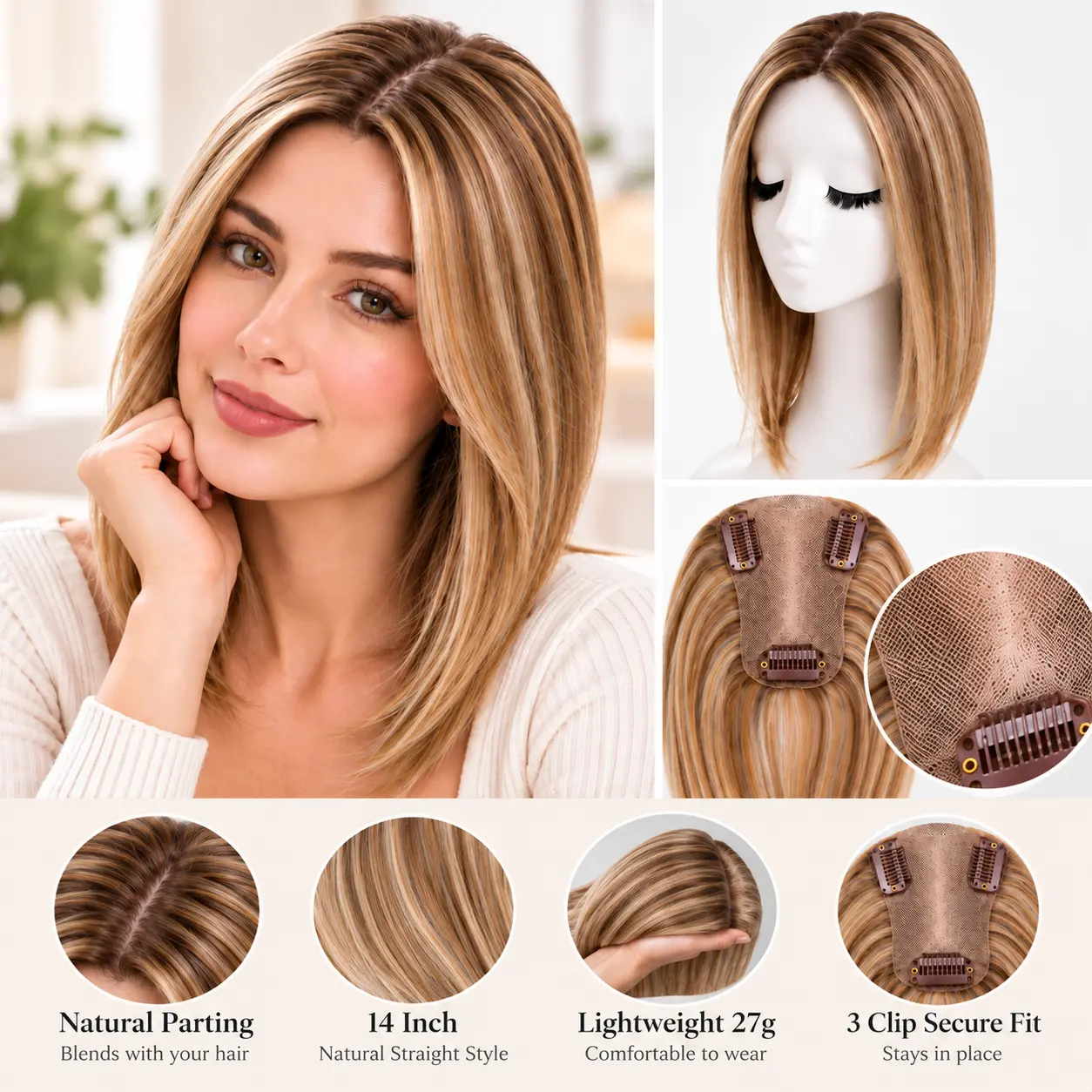 Women's 27g Lightweight Blonde Wig Glueless Hair Topper, 14-Inch Straight Seamless Glamorous Synthetic Extensions & Pieces, 7.5×11cm Hand-Tied Breathable Lace Base, Half Wig Style Casual Fine Hair Scalp Coverage with Gray Concealment & Subtle Volume