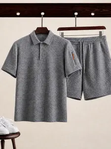 Men's Waffle Quilted Polo Tracksuit, Short Sleeve Shirt and Drawstring Shorts Set, Casual Summer Loungewear Outfit
