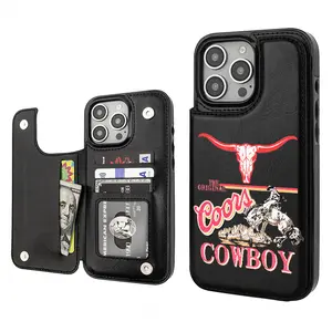 Coors Beer Cow Cowboy Creative Trendy Vintage Western Style Card Holder Wallet Aesthetic Pattern Black Casing For iphone 16 15 14 13 12 PRO PLUS MAX PU Leather Stylish Gift Shockproof Protection Anti-Drop Protective Protector Phone Cases Shell Cover