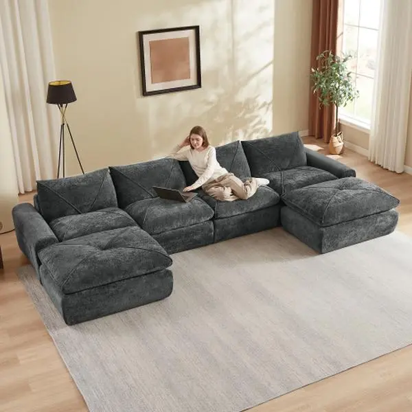 Niccae Modern minimalist chenille combination sofa, spacious and comfortable living room sofa, multi-functional sofa with foot pedals, suitable for families and apartments huge couch