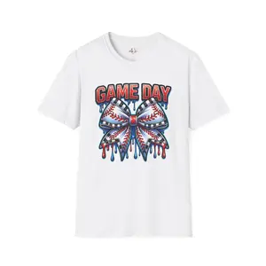 Game Day Baseball Bow T-Shirt — Dripping Red & Blue Sports Graphic