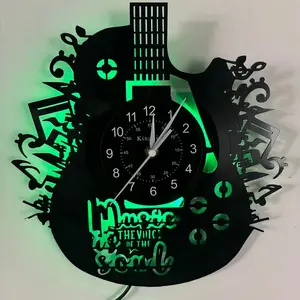 Musical Note Guitar Vinyl Wall Clock, Creative Decorative Clock, Stylish Music Theme Decor for Bedroom Living Room Cafe Home, Silent Perfect Gift for Musicians