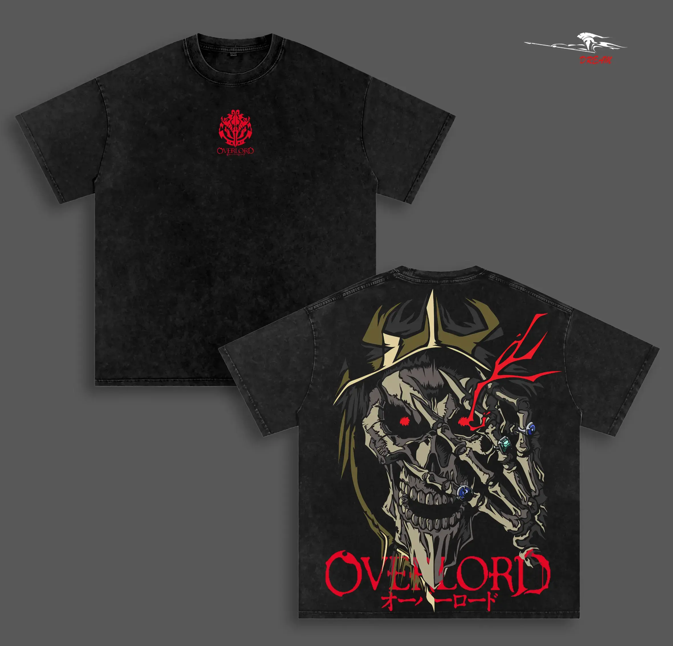 Overlord Anime Vintage Mineral Washed Graphic T-Shirt | Double Printed Oversized Heavyweight Cotton Tee | Y2K Distressed Manga Streetwear Top