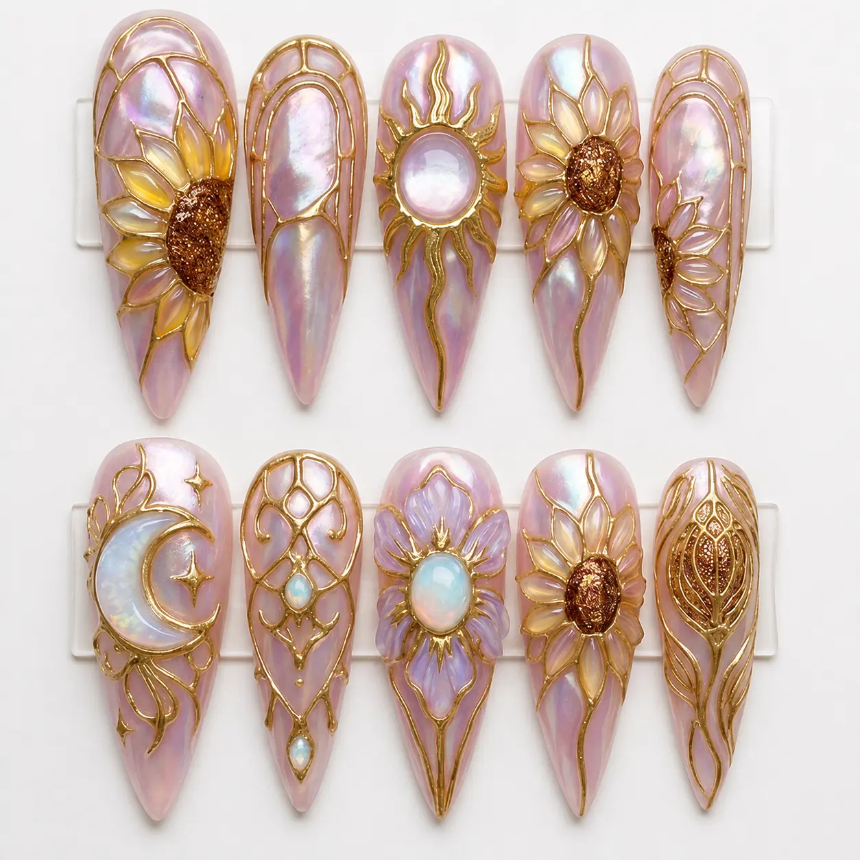 Celestial Sunflower Press On Nails | Handmade Iridescent Gold Sun Moon Nails | Fairycore Luxury Press On Nails | Opal Aura Nail Art