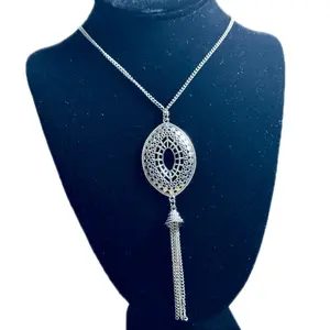 Elegant Silver Tone Oval Pendant Necklace with Tassel Chain for Women's Fashion Accessory