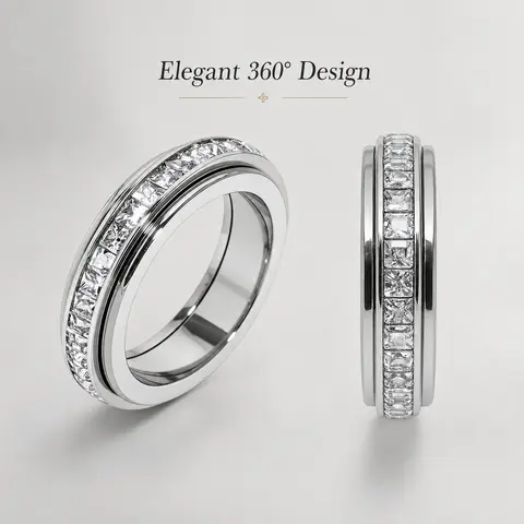 Size 5-10 Titanium Steel Spinner Fidget Ring for Women Men, Cubic Zirconia Comfort Fit Band for Stress Relief, Wedding & Promise Ring