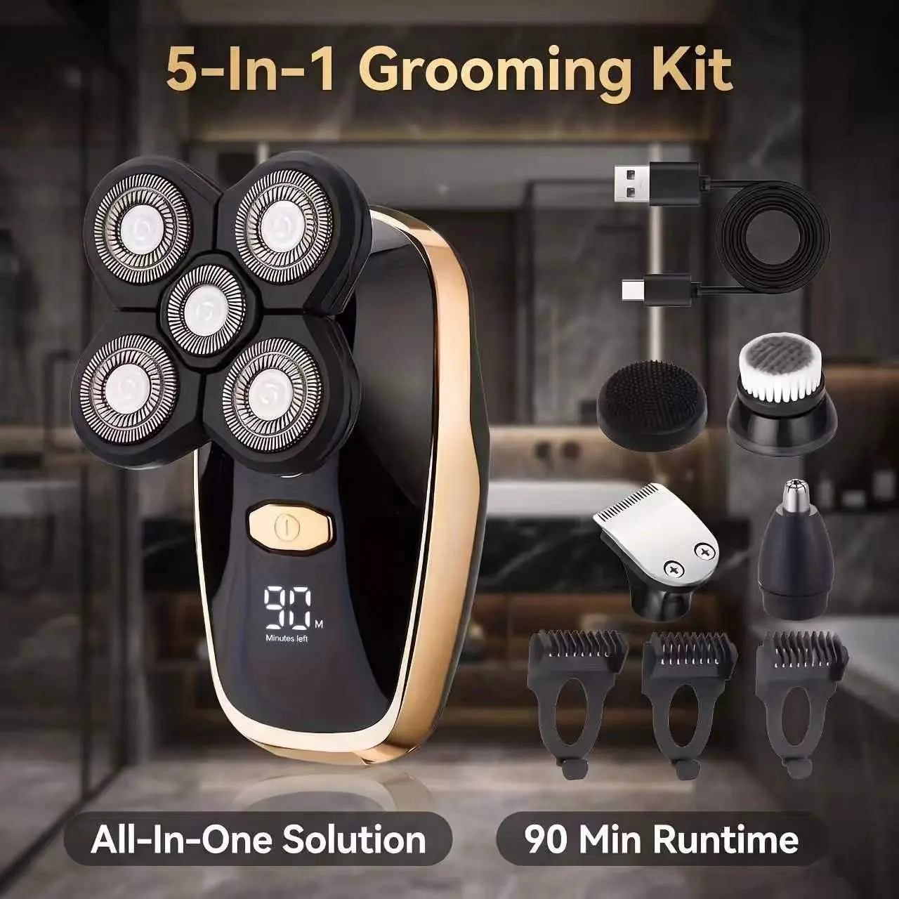 5‑In‑1 Head Shaver for Bald Men, Waterproof Electric Razor with 7D Floating Heads, Magnetic Detachable Blades, Dual‑Speed Wet Dry Shave,90 Min Runtime,men body trimmer,intimate grooming for men,All‑In‑One Grooming Gifts for Men