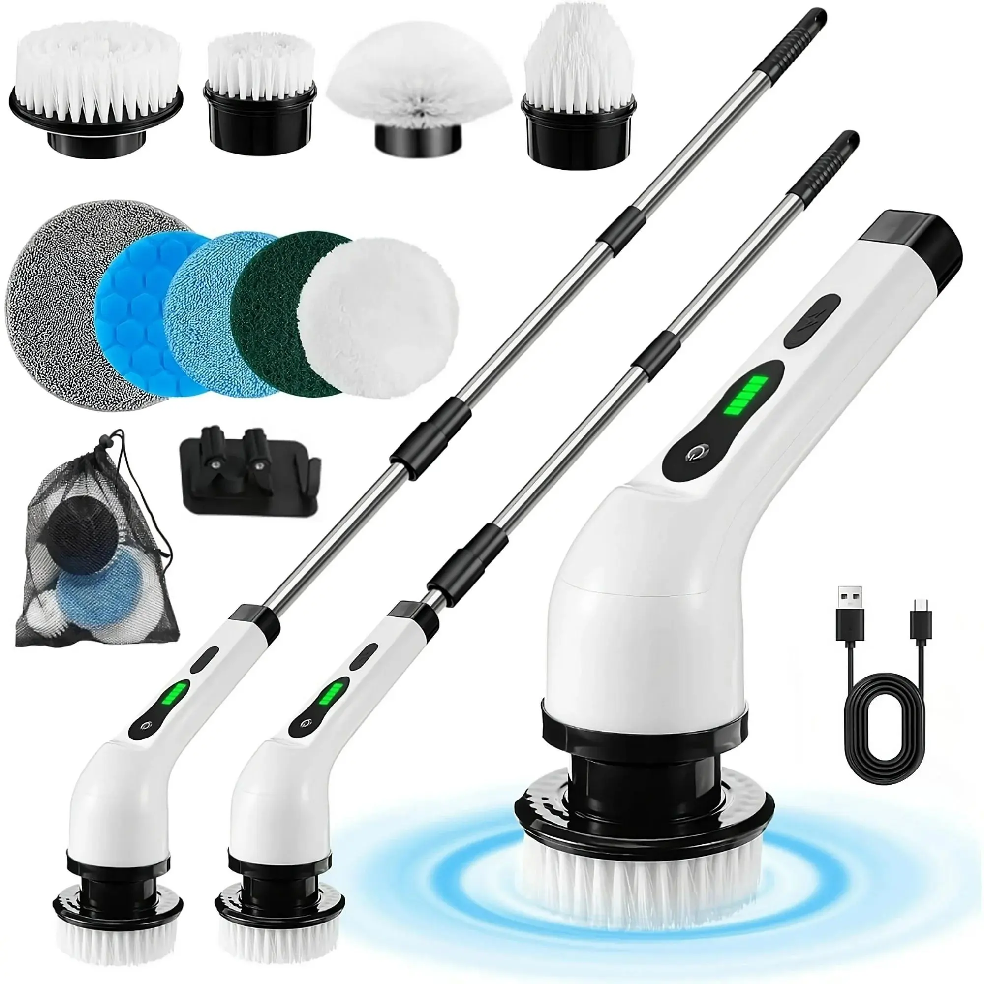 WHATOOK Wireless Electric Spin Scrubber Kit, Adjustable Telescopic Arm, 7/9-in-1 Scrubbing Spin Brush with Multiple Brushes Refills, USB Cable Charging, for Bathtub, Shower Deep Cleaning